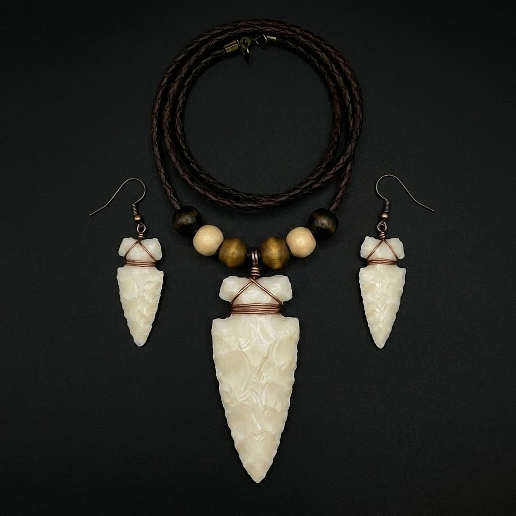 Milk Glass Arrowhead Necklace & Earrings