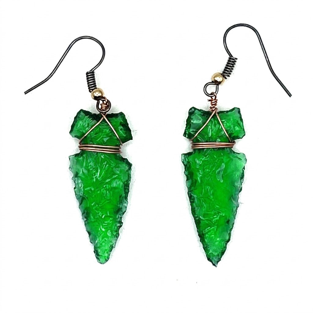 Green Glass Arrowhead Earrings