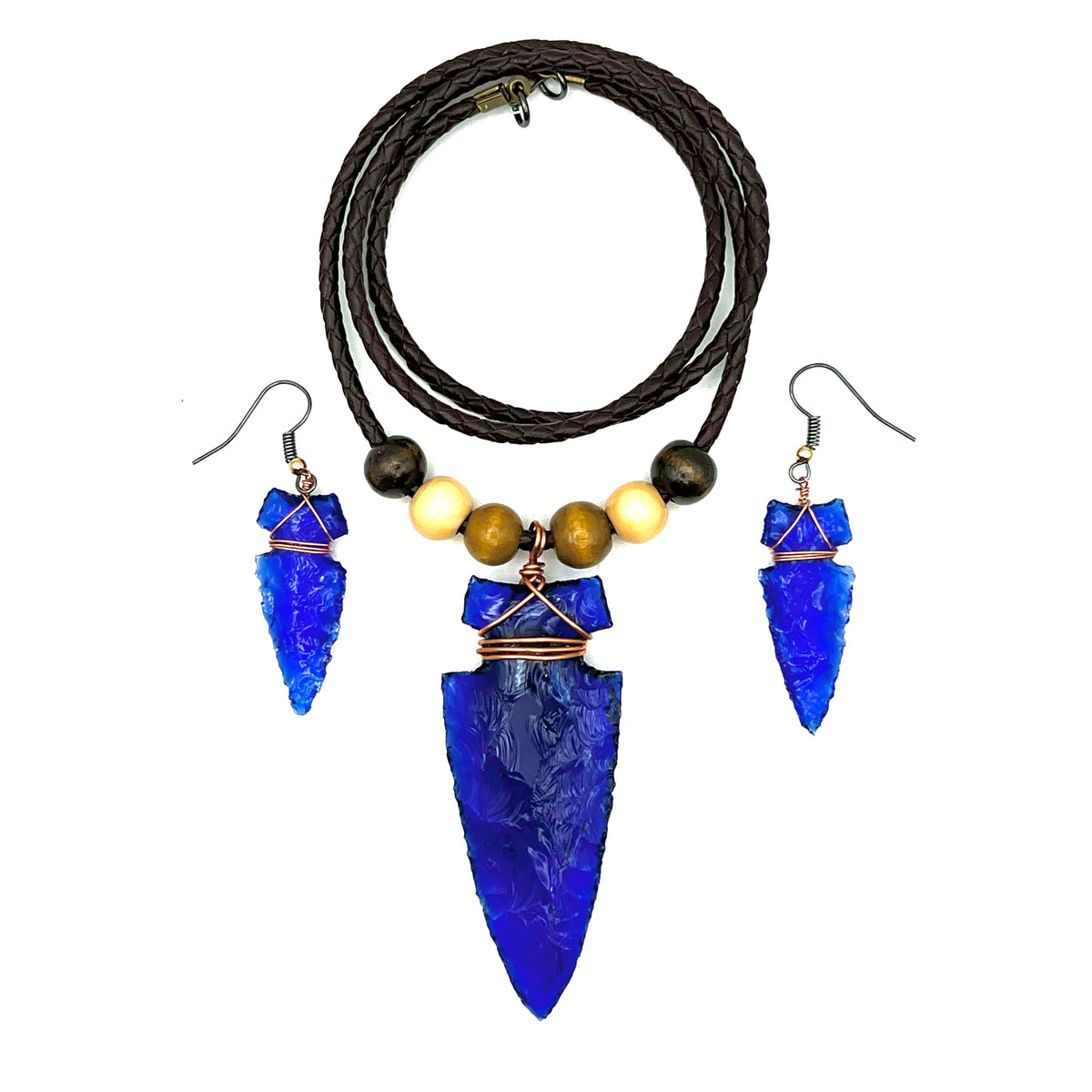 Cobalt Blue Glass Arrowhead Necklace & Earrings